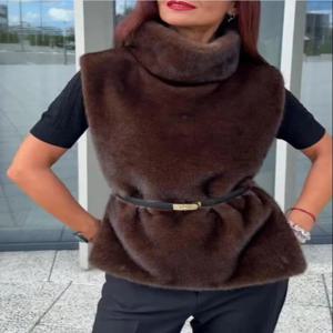 새로운 가을 겨울 터틀넥 인조 모피 세이블 조끼 크롭탑 에코 인조 밍크 퍼 탱크탑 민소매 재킷 코트