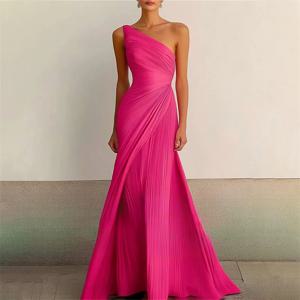 A라인 쉬폰 원숄더 플리츠 이브닝 들러리 드레스 웨딩 파티 정장 프롬 생일 롱 드레스 지퍼 백