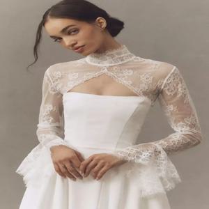 트럼펫 레이스 웨딩 케이프, 하이넥 신부 재킷, 키홀 백, 버튼 장식, 일루전 브라이덜 볼레로, 포멀 파티 숄