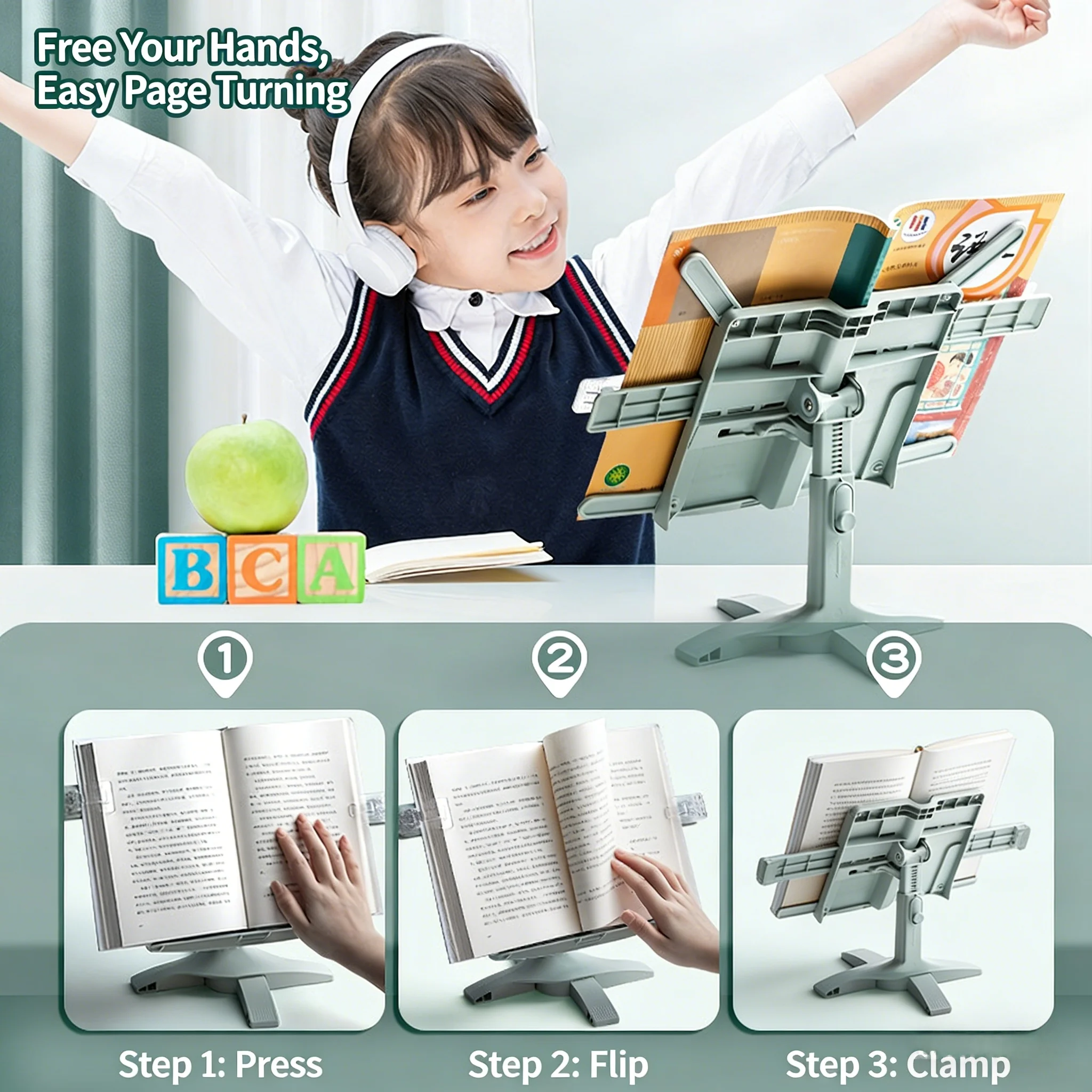 높이 조절 가능한 독서대 바닥 책꽂이 및 태블릿 홀더, 공부용 목 통증 방지 홈 오피스 인체공학적 선반