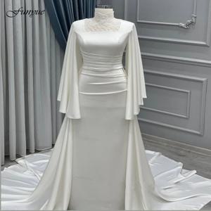 펀유에 맞춤 실크 새틴 무슬림 웨딩드레스 여성용 2026 신부 코트 트레인 롱 슬리브 아이보리 브라이덜 가운 머메이드 신상