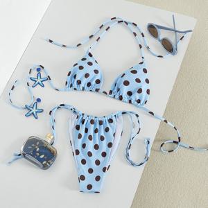 여성용 라이트 블루 폴카 도트 비키니 세트 홀터 트라이앵글 탑 타이 사이드 하의 2피스 수영복 (해변 휴가용)