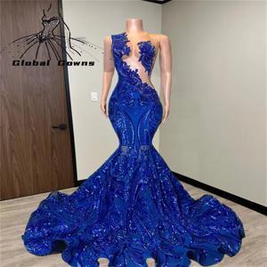 반짝이는 로얄 블루 다이아몬드 댄스 파티 드레스 흑인 소녀들을 위한 스팽글 가운 비즈 크리스탈 라인스톤 웨딩 생일 파티 드레스 맞춤 제작