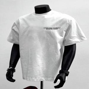 헤비웨이트 순면 트렌디 브랜드 크리에이티브 심플 티셔츠 레터 프린트 캐주얼 라운드넥 반팔 티셔츠 손수건