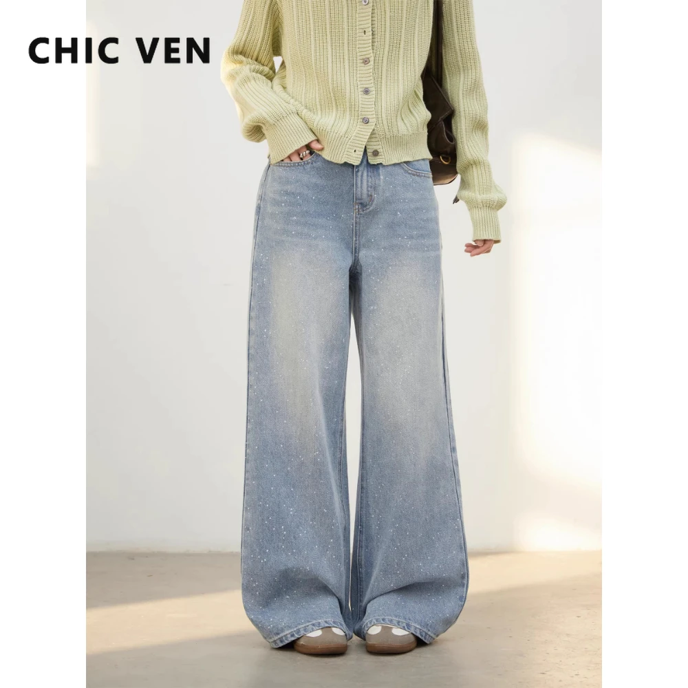 CHIC VEN 패션 여성 청바지 블루 폴카 도트 와이드 레그 살짝 플레어드 여성 데님 트라우저 워싱 슬림 팬츠 봄 가을 2026