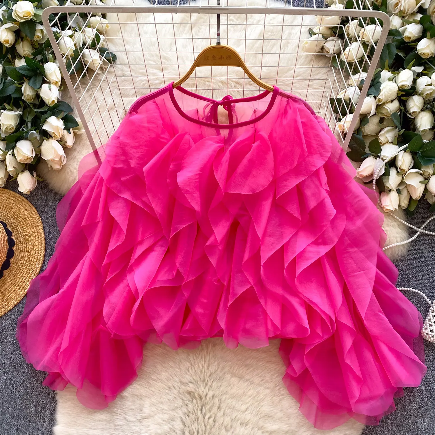 2026 신상 봄 가을 여성 한국 스타일 O넥 긴팔 셔츠 멀티 레이어 러플 솔리드 컬러 쉬폰 셔츠 탑