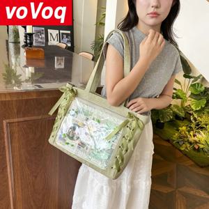 일본 실크 리본이 달린 투명한 숄더백 대용량 지퍼백투명한 인형 보관함, 방수 여성용 핸드백