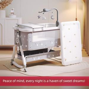 기저귀 교환대 겸용 아기 침대, 이동식, 탈부착 가능, 접이식, 높이 조절 가능, 퀸 침대와 결합 가능 아기 침대