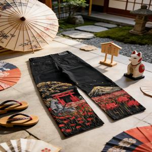 하라주쿠 일본 패션 의류 사무라이 자수 오버사이즈 청바지 남성 Y2K 스트리트 힙합 하이웨이스트 스트레이트 팬츠 여성