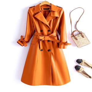 세련된 숙녀 더블 브레스트 레이스 업 벨트 정품 가죽 트렌치 코트 2024 가을 겨울 중간 길이 여성 진짜 양피 아웃웨어