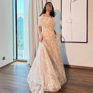 맞춤형 베이지 오프 숄더 A라인 이브닝 원피스 레이스 아플리케, 스파게티 줄무늬, 파티 무도회 가운, 바닥 길이 무도회 가운