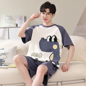 공룡 만화 남성용 귀여운 면화 잠옷 여름 짧은 슬리핑 탑 반바지 Homewear 빅 사이즈 L-4XL Pjs Pajamas Hombre