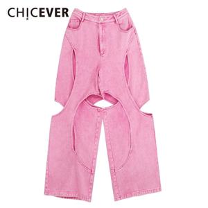 CHICEVER 베이비 핑크 streetwear 여성을위한 스플 라이스 중공 청바지 높은 허리 미국 뜨거운 소녀 헐렁한 바지 여성 여름 의류