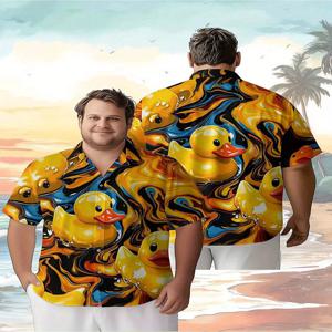 남성용 플러스 사이즈 하와이안 셔츠 다채로운 고무 오리 패턴, 여름 패션 탑의 새로운 힙합 록 스트리트웨어