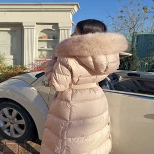 이스트 게이트 정품 폭스 퍼 칼라 다운 재킷 여성용 중간 길이 오버니 두꺼운 따뜻한 후드 화이트 덕다운 아우터웨어