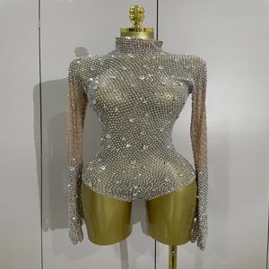 스파클 라인스톤 긴팔 장갑 스트레치 바디수트 2025 여성 이브닝 럭셔리 생일 파티 섹시 나이트클럽 무대 의상