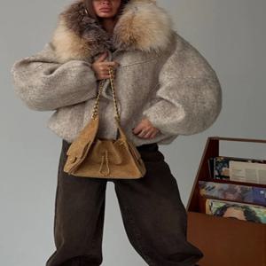 겨울 패션 인조 모피 칼라 울 코트 여성 빈티지 두꺼운 후드 긴 소매 오버사이즈 따뜻한 재킷 신상 여성 하이 스트리트웨어