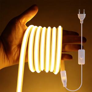 최신 220V LED 스트립 네온 라이트 COB 자체 접착 방수 테이프 안전한 실리콘 호스 주방 야외 정원 장식 조명