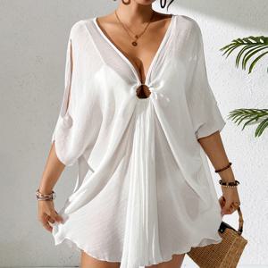 퓨어 컬러 V넥 가볍고 투명한 루즈핏 드레스, 비치 스타일 캐주얼 편안함 자외선 차단 커버업, 패션 비치웨어