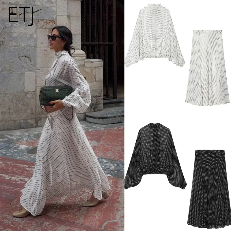 ETJ 여성용 폴카 도트 블라우스 스커트 세트 2026 봄 하이넥 배트윙 슬리브 시스루 앞면 리본 미디 A라인 드레스 세트