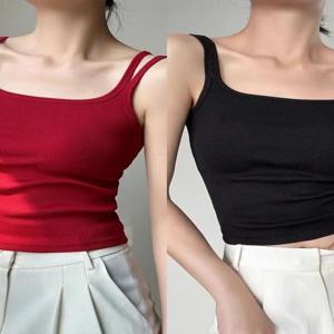 퓨어 디자이어 섹시 다크 레드 더블 스트랩 홀터 베스트 여성 여름 아메리칸 솔리드 컬러 리브드 디자인 포켓 손수건