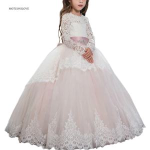 긴 소매 레이스 블러쉬 핑크 아기 소녀 여름 옷 아이 드레스 웨딩 파티를위한 유아 소녀 공 가운 vestidos de comunion