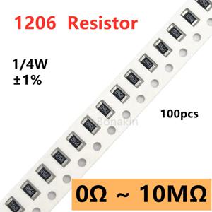 100pcs 1% 1206 SMD 저항기 0R10R20R22R100R120R200R330R470R510R1K1.5K2.2K3.3K4.7K5.1K10K12K15K20K22K30K47K51K100K200K510K1MΩ 옴