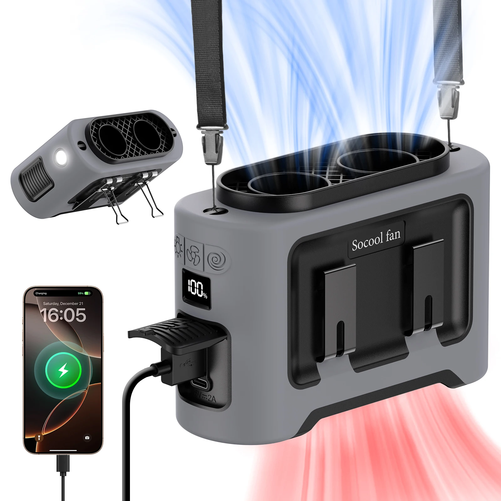 Socool 14500mAh 휴대용 허리 선풍기, 듀얼 에어플로우 출구, 터보 모터, 4개의 클립, 비상용 손전등, 아웃도어용