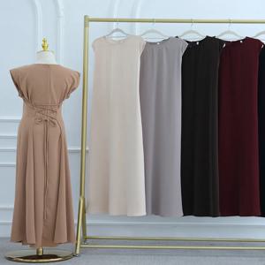 이슬람 여성 아랍어 두바이 Abaya 솔리드 컬러 내부 롱 드레스 스트레치 허리 벨트 겸손한 라마단 가운 Kaftan Femme 이슬람 의류