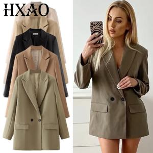 HXAO 여성용 블레이저 오피스웨어 여성 브라운 카키 오프 화이트 블랙 블레이저 여성 긴 소매 장착 자켓 고품질 블레이저