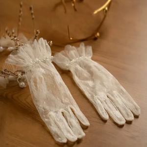 아름다운 통기성 신부 장갑 활 얇은 웨딩 장갑 새틴 진주 짧은 검은 장갑 연회