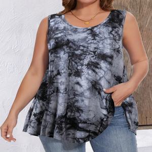 플러스 사이즈 여성용 민소매 타이 염색 탱크 탑 루즈핏 캐주얼 편안하고 세련된 블랙 그레이 다목적 여름 필수품