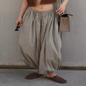 Bornladies 여성의 새로운 레트로 브라운 랜턴 바지 높은 허리 유행 느슨한 맞는 격자 무늬 봄 여름 패션 바지