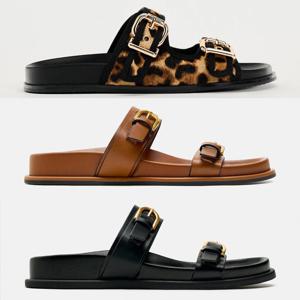 새로운 여름 플랫 바닥 캐주얼 샌들 여성용 라운드 헤드 굽이 두꺼운 야외용 메탈 버클 슬립온 슬리퍼 레저 슈즈