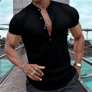 남성용 반팔 캐주얼 셔츠 하와이안 스타일 셔츠 솔리드 블랙 셔츠 스탠드 칼라 디자인 해변 휴가에 적합 XS-5XL