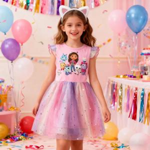 여자 만화 개비 고양이 드레스 + 머리띠 어린이 개비의 인형 집 공주 드레스 어린이 플라이 슬리브 투투 드레스 크리스마스 생일