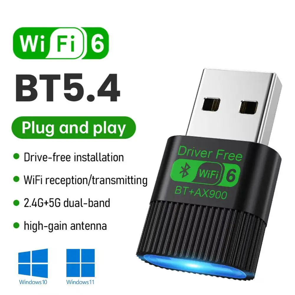 2IN1 드라이버 프리 네트워크 카드 WiFi6 블루투스 5.4 AX900Mbps 듀얼 밴드 2.4G+5GHz 무선 수신기 어댑터 PC 노트북 Win10/11용