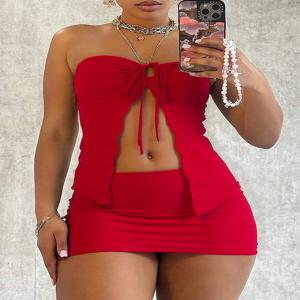 여성용 솔리드 컬러 튜브 탑 & 스커트 투피스 세트, 데일리 아웃도어 착용을 위한 패션 캐주얼 민소매 탑 & 바디콘 스커트, LadiesC