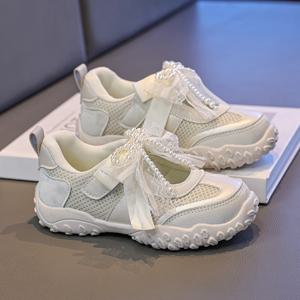 2026년 여름 여아용 스포츠 스니커즈, 진주 레이스 메리제인 플랫, 가볍고 미끄럼 방지 기능이 있는 신학기 아동용 러닝 샌들