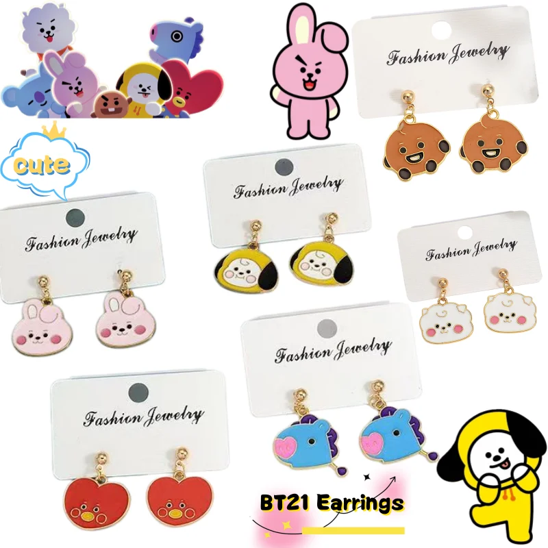새로운 BT21 코야 RJ 슈키 쿠키 치미 귀걸이 고급스러운 컬러 인형 모양 프린팅 독창적인 소녀 감성 귀여운 장식 선물