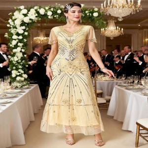 여성용 플래퍼 드레스 1920년대 V넥 스팽글 비즈 장식 맥시 드레스(이브닝 파티용)