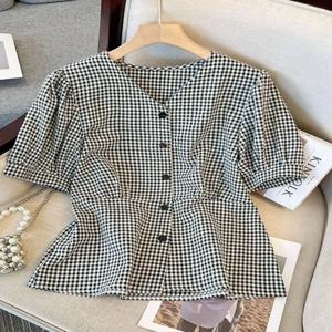 세련된 코튼 린넨 체크 셔츠 여성 여름 반팔 플러스 사이즈 슬리밍 허리 포켓 손수건 큰 사이즈 빅사이즈 여성