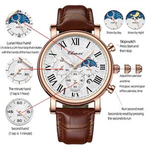 CHENXI 973 다기능 비즈니스 달의 위상 날짜 방수 로마 아날로그 수입 남성 손목 시계 다이얼 석영 가죽 시계