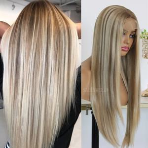 하이라이트 다크 브라운 여성용 합성 레이스 프론트 가발, 옴브레 다크 브라운 혼합 금발 무접착제, 내열성 섬유 헤어, 13x4