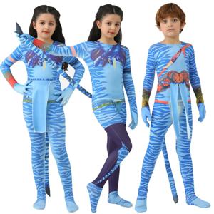 소녀 아바타 2 Neytiri 의상 꼬리 정장 소년 Jake Sully 코스프레 Zentai Bodysuit Jumpsuit Kids 할로윈 생일 파티 의상