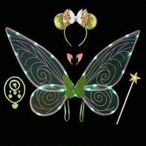 소녀 레인보우 LED 조명 천사 엘프 윙 어린이 성인 녹색 카니발 할로윈 코스프레 팅커 벨 원피스 업 여성 파티 액세서리