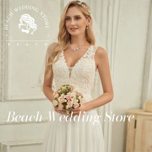 비치 맞춤형 V넥 슬리브리스 레이스 아플리케 시스루 백 쉬폰 웨딩드레스 (여성용) 2025 A라인 플로어 기장 브라이덜 가운