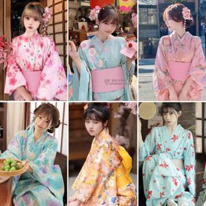 전통 일본식 기모노 여성 정장복 파란색 가을 사진 촬영 여행 촬영 여학생 의상 민족 의상