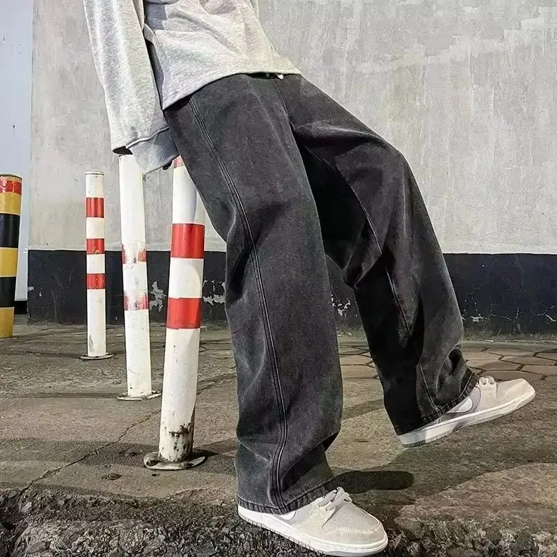 2026 신상 스트리트웨어 루즈 진 남성용 한국 스타일 패션 루즈 스트레이트 와이드 레그 팬츠 남성 브랜드 의류 블랙 라이트 블루