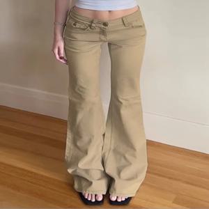 레트로 아메리칸 로우 웨이스트 카키 데님 청바지 여성용 스파이시 걸 다용도 슬리밍 심플 와이드 레그 팬츠 올 시즌